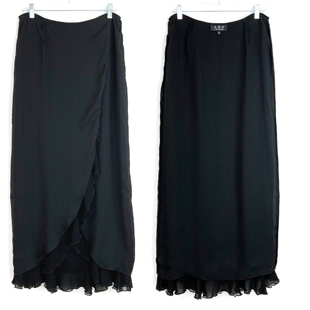 Vintage A.B.S. by Allen Schwartz Black Maxi Wrap Skirt Cascading Ruffles Sz 12 - Picture 10 of 16